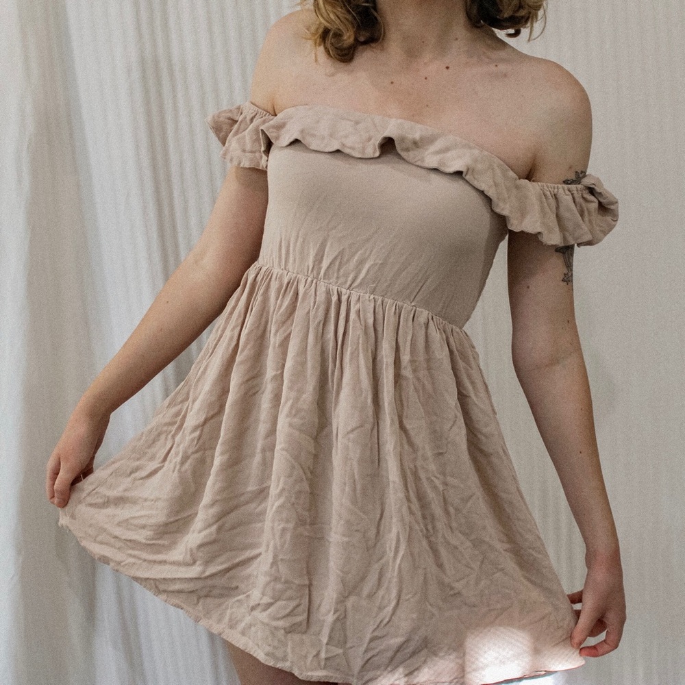olivaceous beige ruffle mini dress